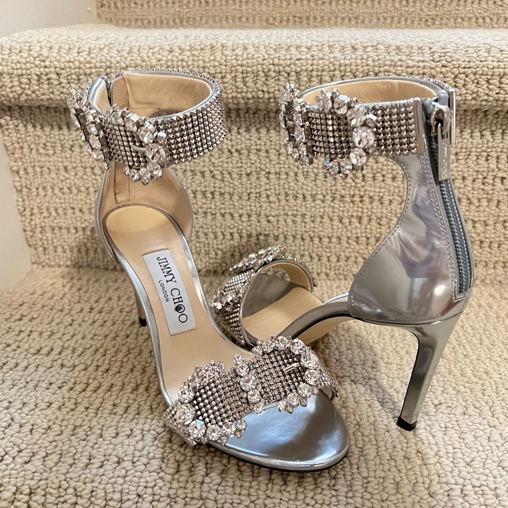 Jimmy Choo Silver  Lais 85 Sandals with double C Diamond Authentic and Brand New